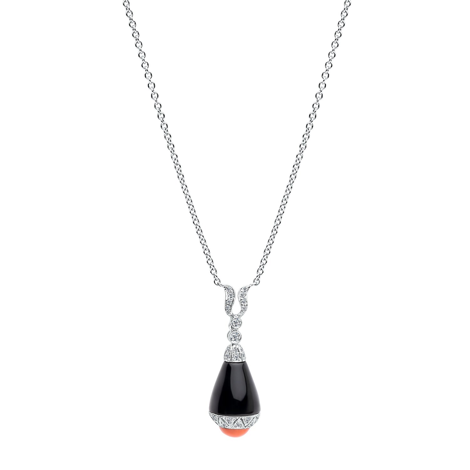 18K/750 White Gold Two Way Coral Onyx Diamond Necklace