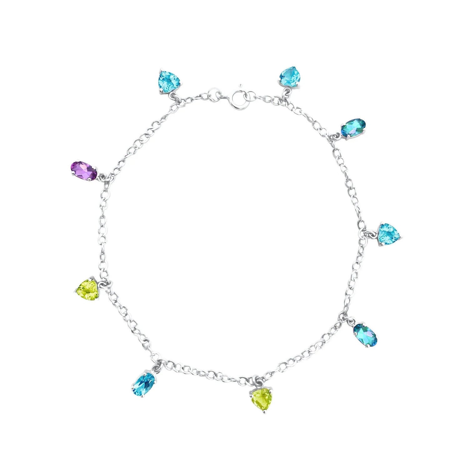 18K/750 White Gold Blue Topaz, Peridot & Amethyst Charm Bracelet
