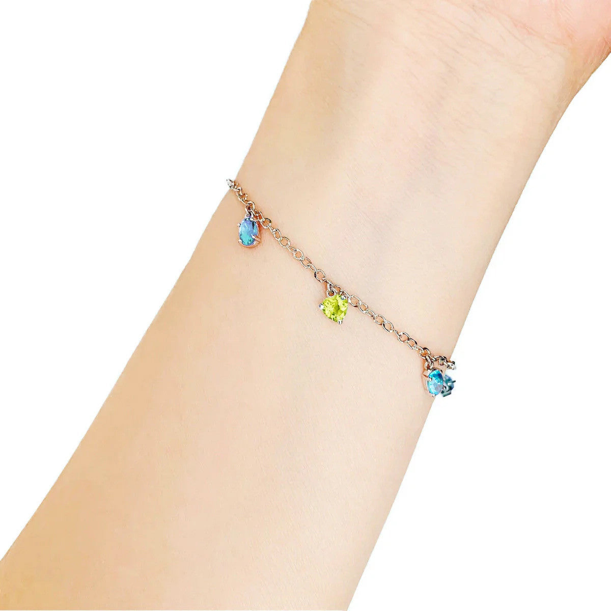 18K/750 White Gold Blue Topaz, Peridot & Amethyst Charm Bracelet